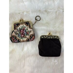 Vintage Floral Tapestry Coin Purse Keychain and Black Suede Coin Purse Set